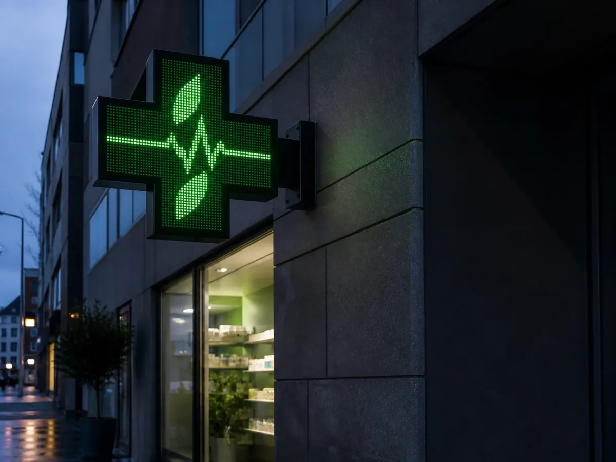 Programozható zöld LED patikakereszt modern homlokzaton